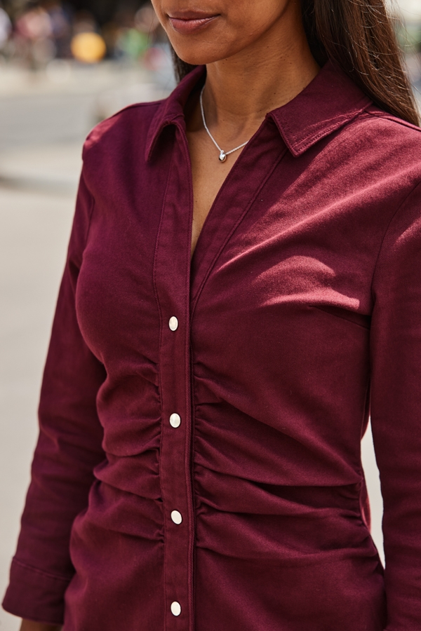 Burgundy Ruched Waist Denim Dress