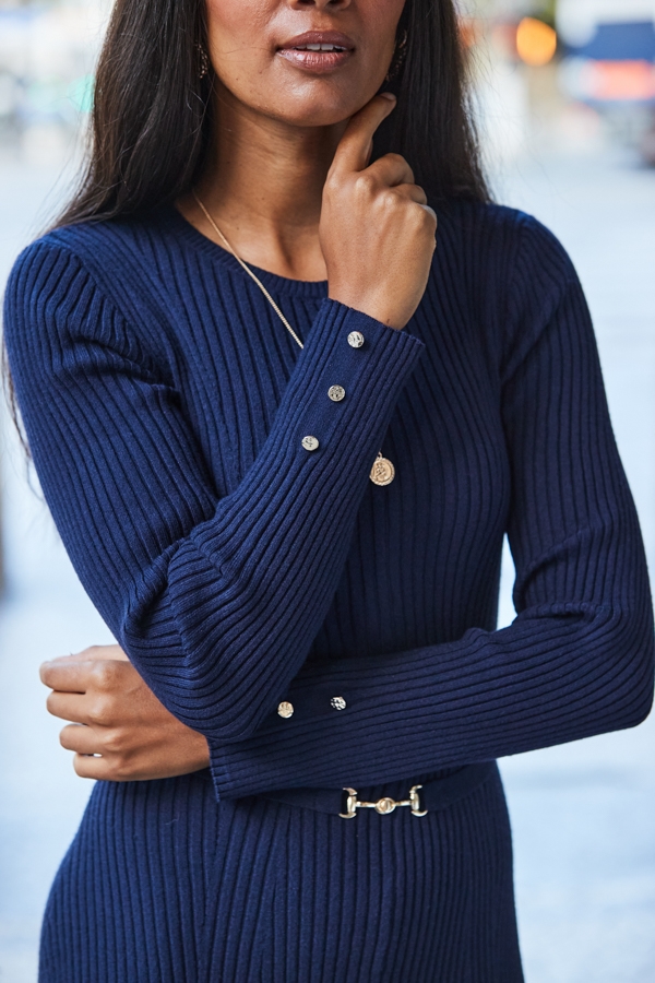Navy Blue Ribbed Knit Fit & Flare Dress
