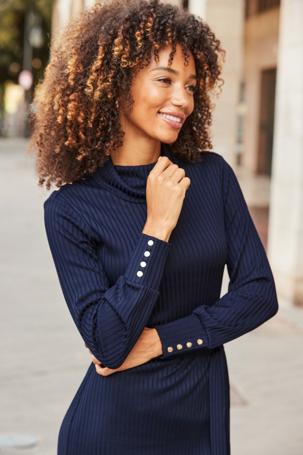 Navy Blue Rib Cowl Neck Dress