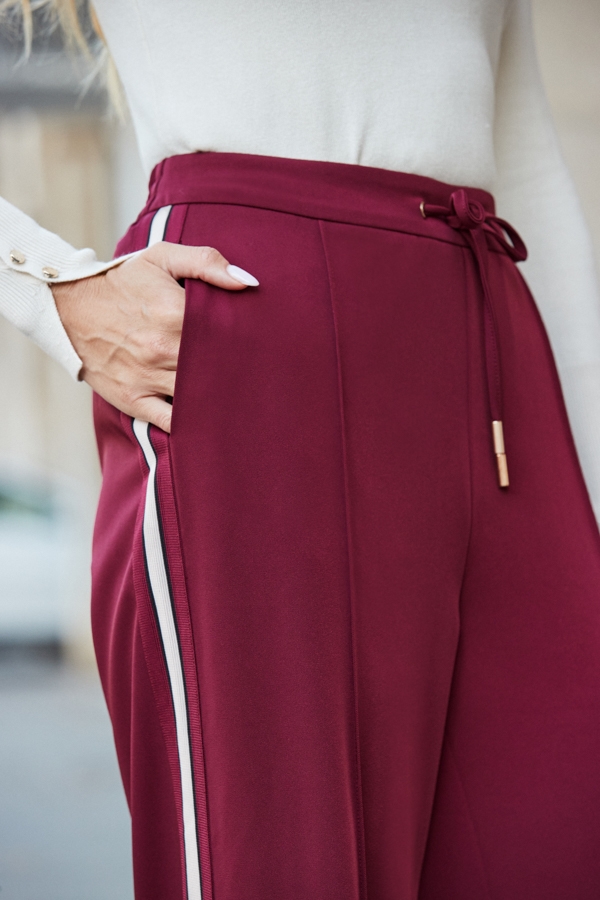 Burgundy Side Stripe Wide Leg Trousers