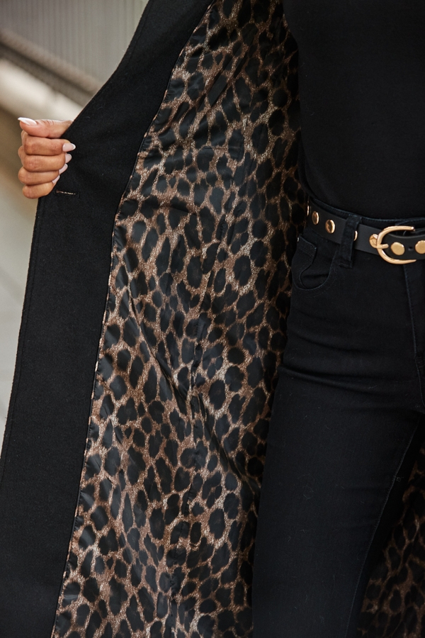 Black Premium Longline Wool Mix Coat With Leopard Print Lining