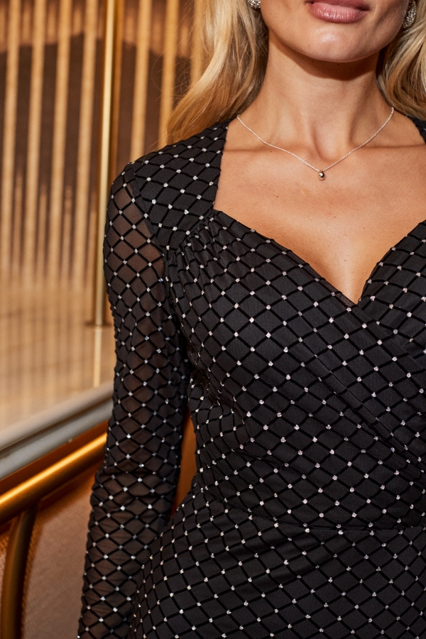 Black & Silver Embellished Mesh Faux Wrap Dress