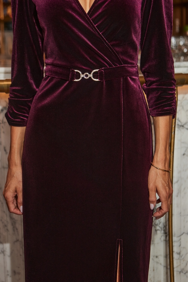 Burgundy Luxe Velvet Belted Wrap Front Dress