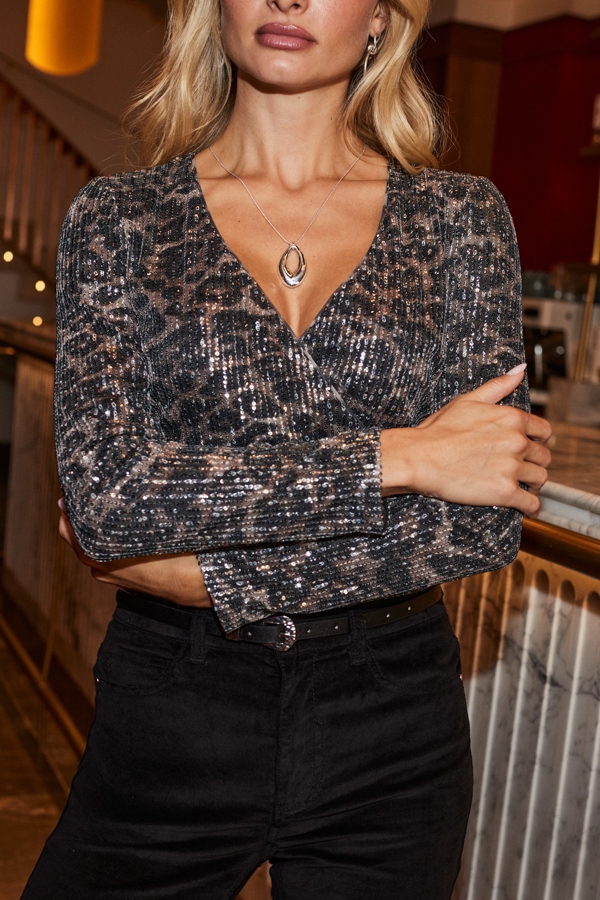Leopard Print Sequin Wrap Top