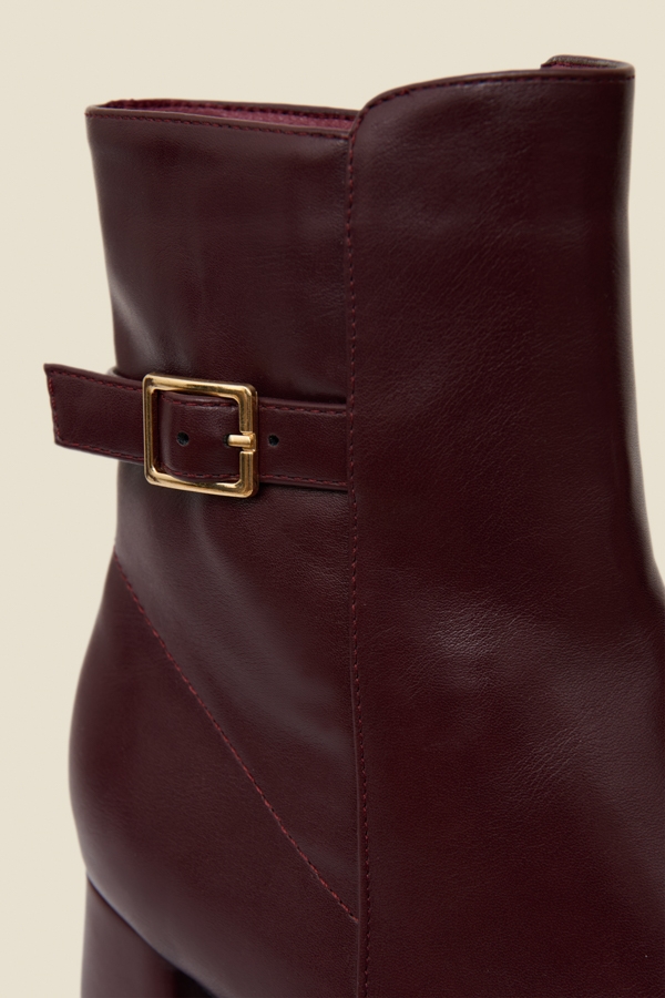Burgundy Block Heel Ankle Boots With Buckle Trim