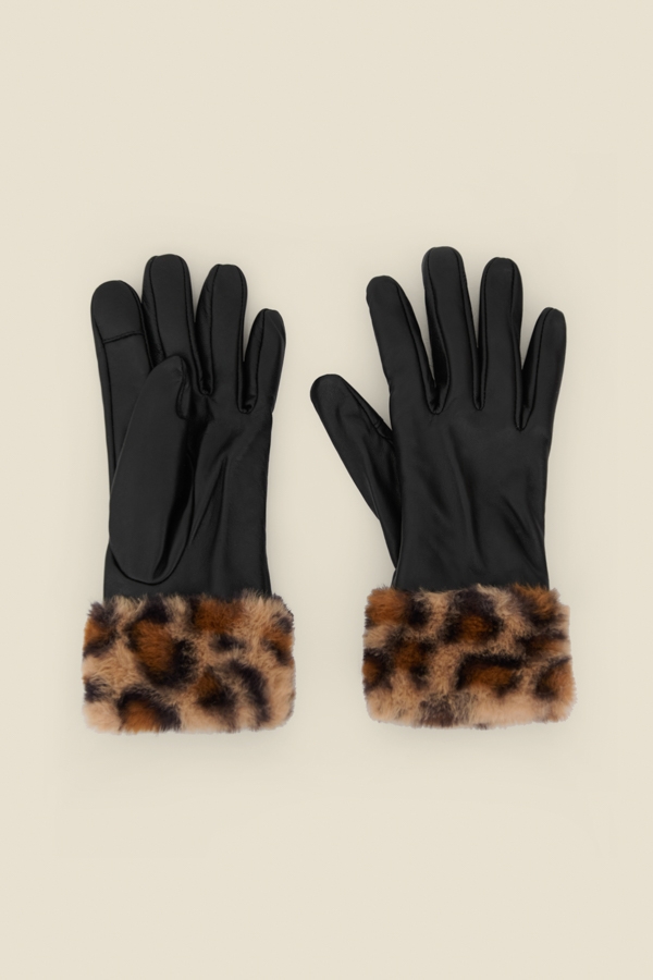 Leopard Leather Faux Fur Trim Gloves