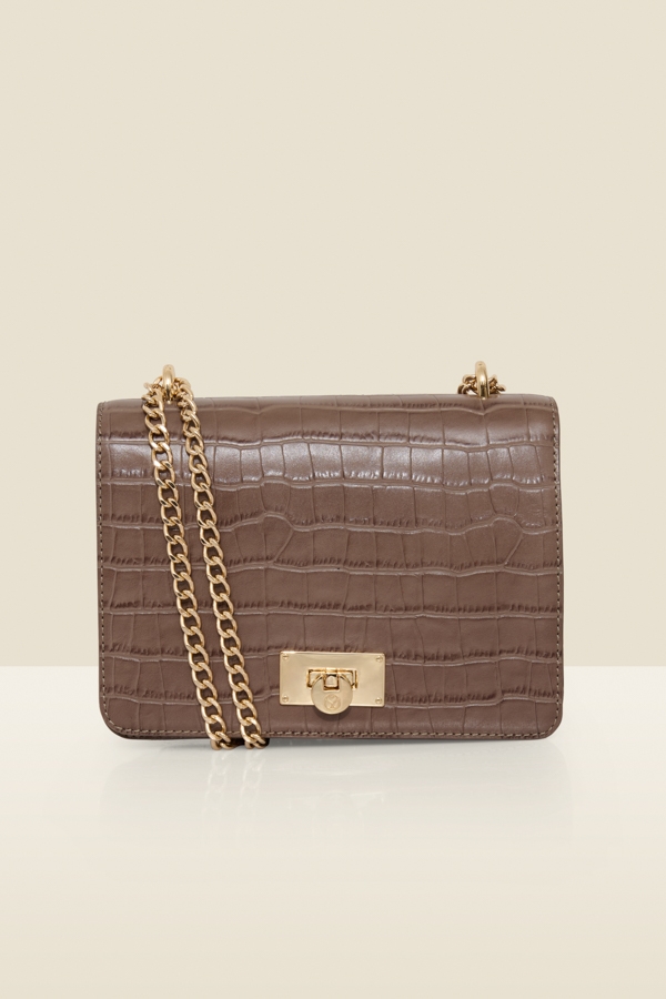 Taupe Leather Croc Shoulder Bag
