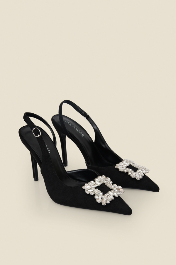 Black Slingback Heels With Rhinestone Detail