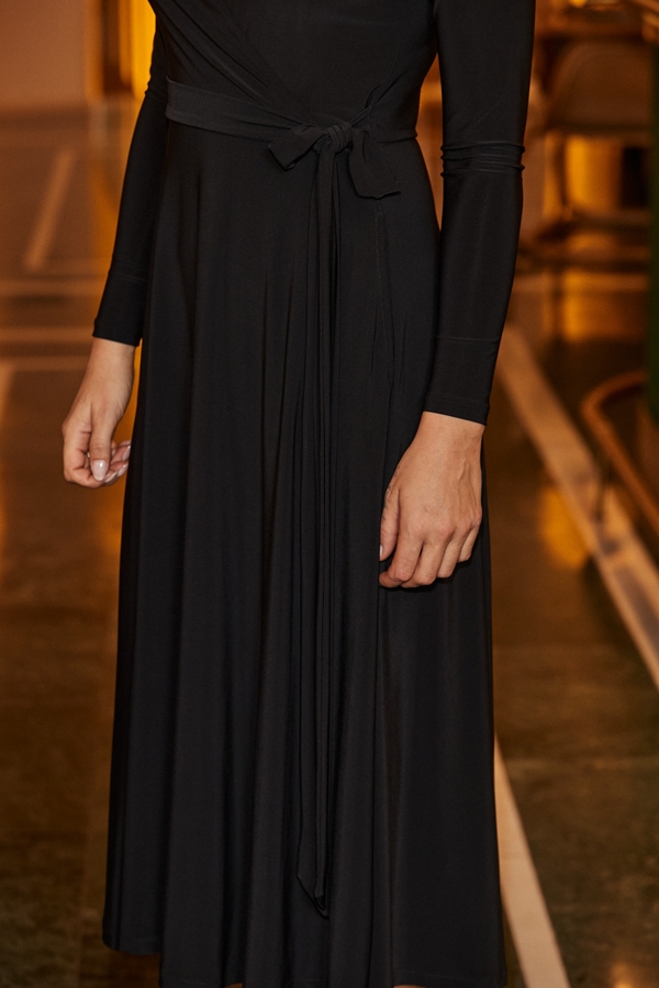 Black Faux Wrap Swishy Hem Dress