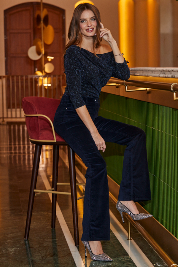 Midnight Blue Shimmering Off The Shoulder Top