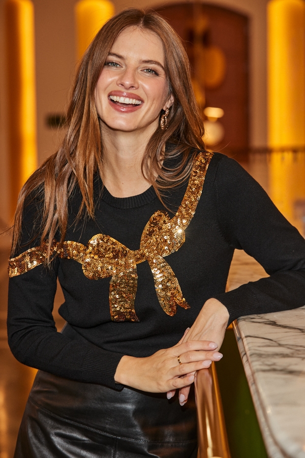 Black Gold Sequin Bow Knit Jumper