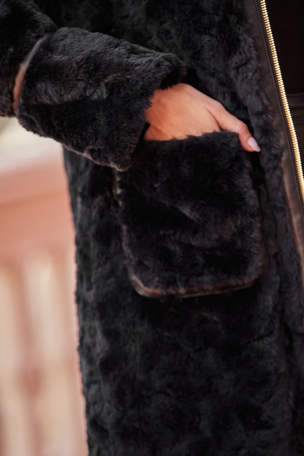 Black Longline Faux Fur Coat With Faux Leather Trim