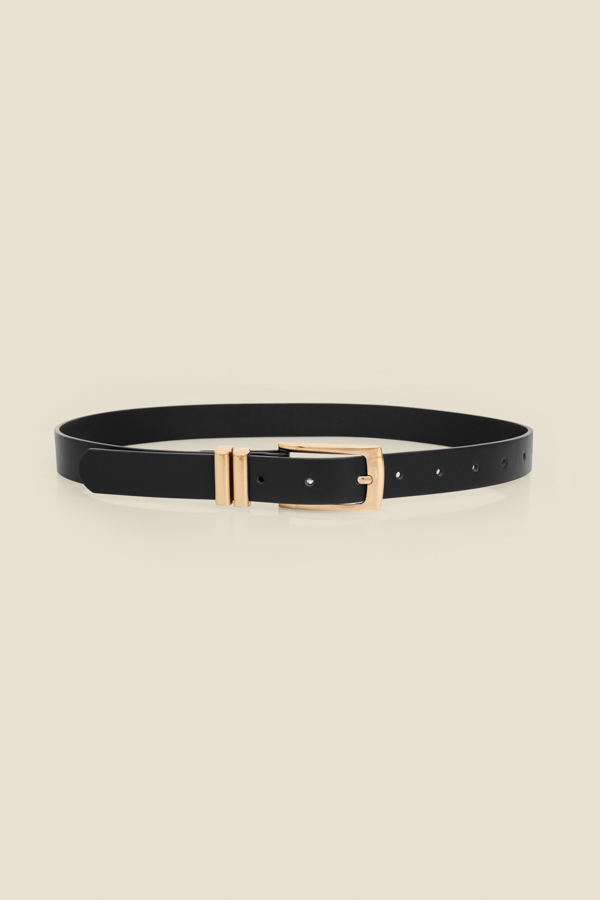 Black Leather Belt With Gold Square Buckle
