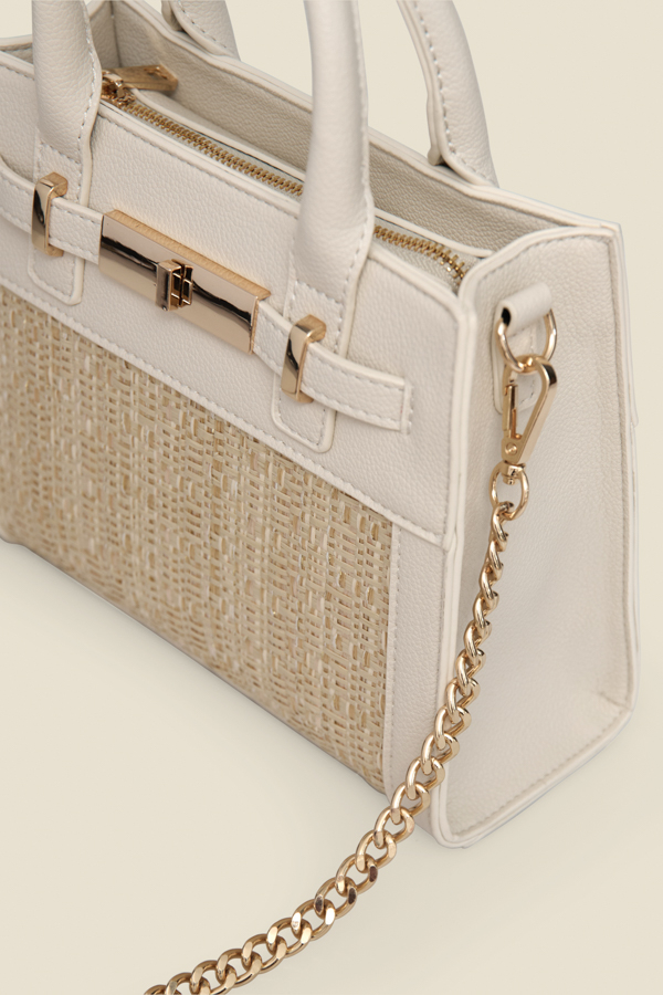 Ivory & Natural Raffia Small Tote Bag With Cross Body Strap
