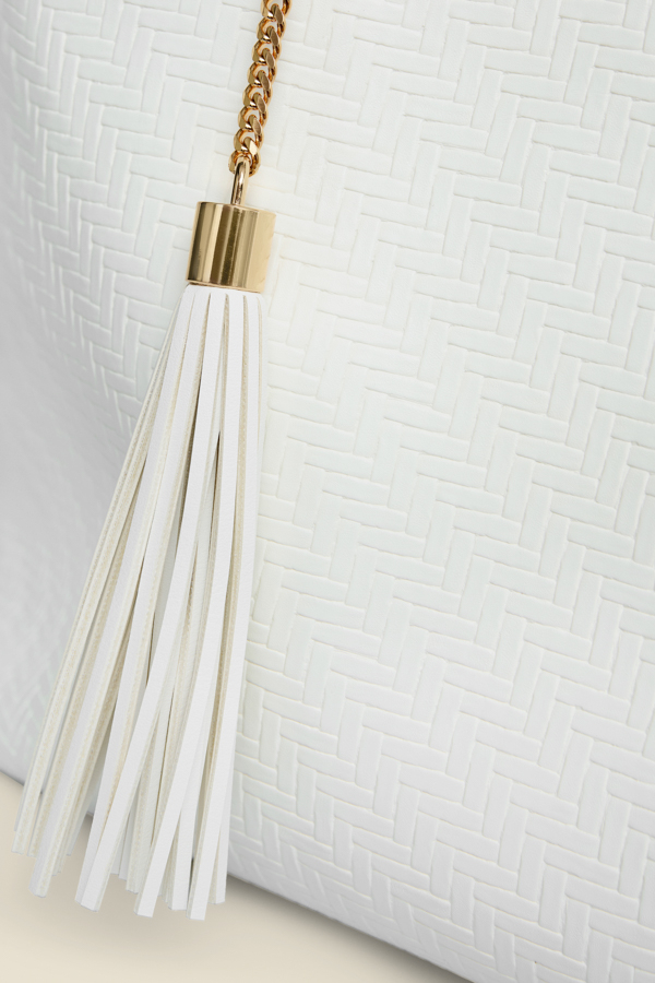 White Textured Tassel Detail Braided Strap Tote Bag