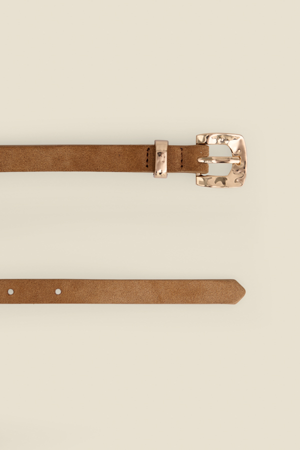 Tan Suede Gold Hammered Buckle Slim Leather Belt