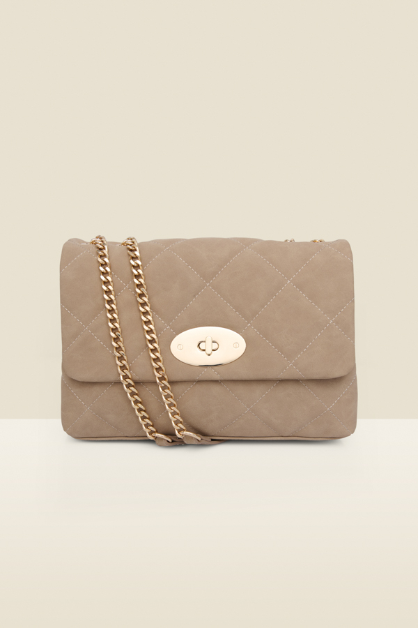 Taupe Faux Suede Quilted Clasp Detail Cross Body Bag