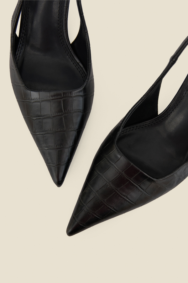 Black Croc Slingback Low Flared Heel Court Shoes