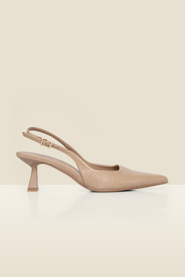 Taupe Croc Slingback Low Flared Heel Court Shoes