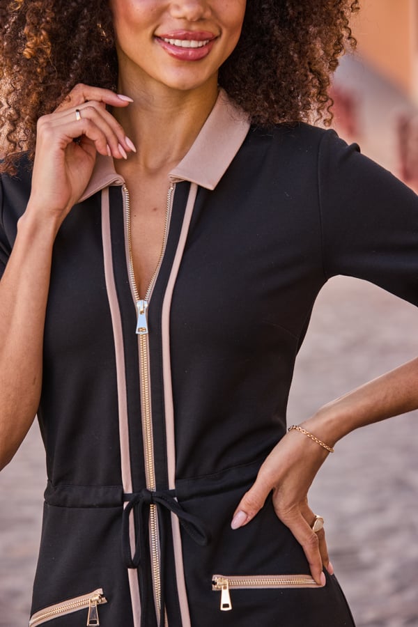 Black & Taupe Contrast Trim Drawstring Ponte Dress