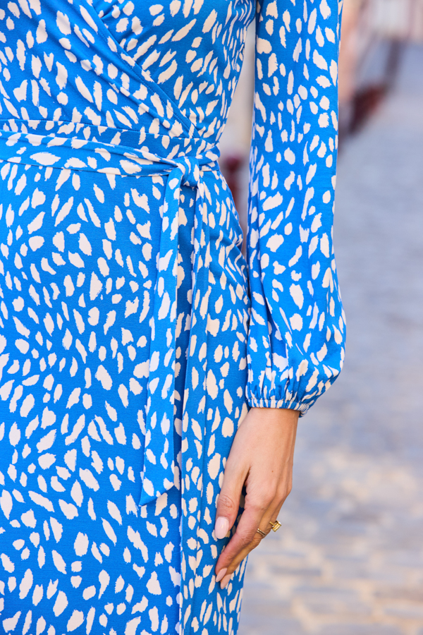 Blue & Ivory Fleck Print Faux Wrap Dress