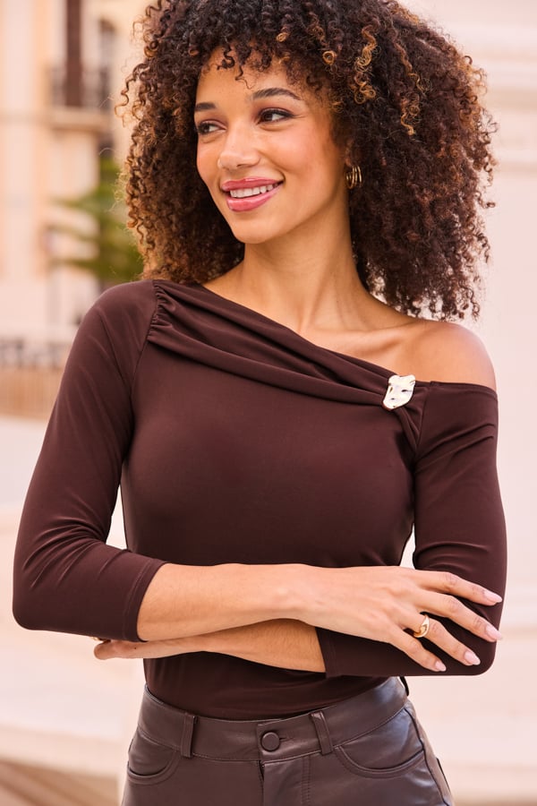 Chocolate Brown Gold Detail Off The Shoulder Top