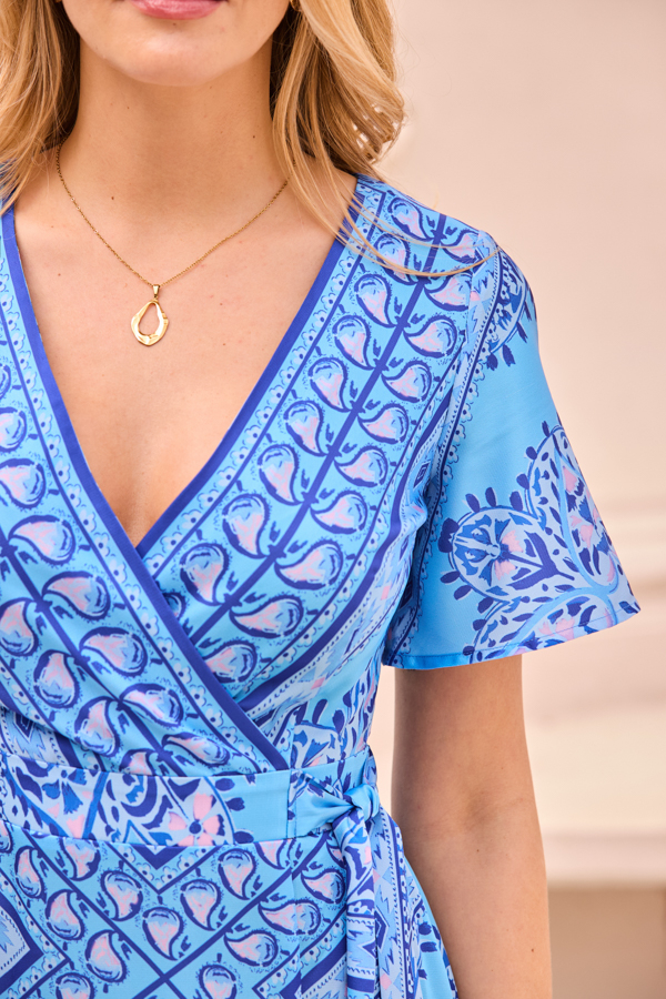 Blue Scarf Print Satin Wrap Midi Dress