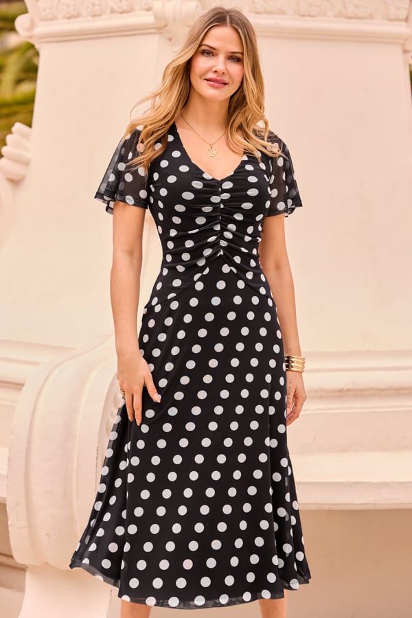 Black & White Spot Print Mesh Ruched Front Fit & Flare Dress
