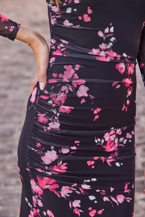 Black & Pink Floral Print V Neck Mesh Fit & Flare Dress