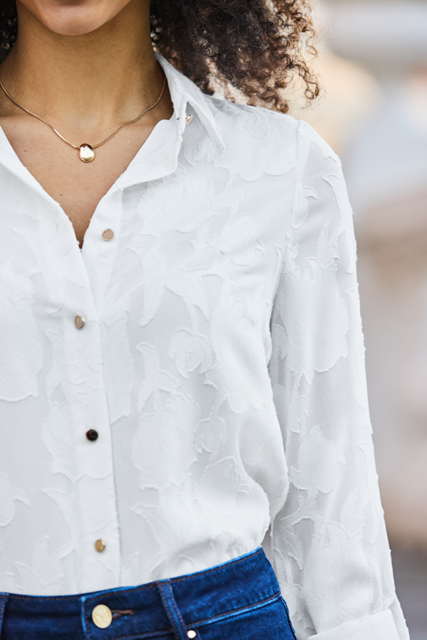 White Floral Shirt With Gold Buttons