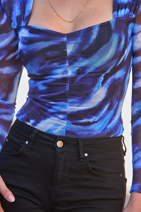 Blue Abstract Print Square Neck Ruched Detail Top
