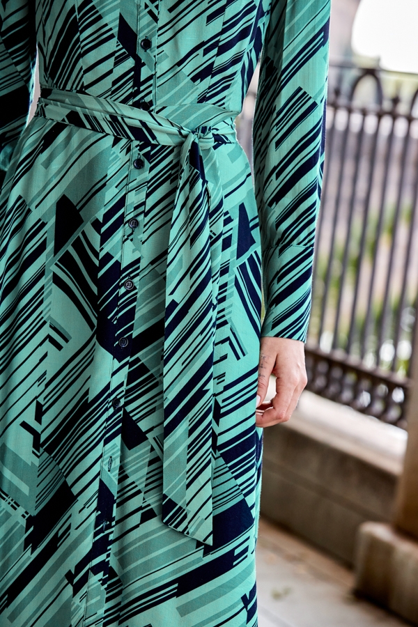Green & Black Geometric Print Midi Shirt Dress With Belt