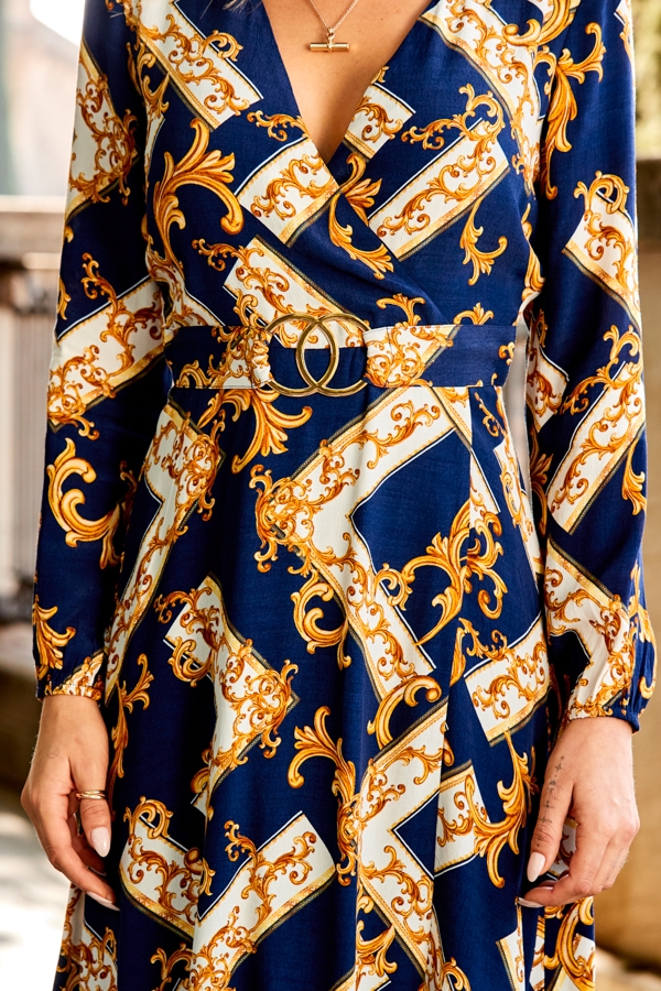 Navy Blue & Gold Baroque Print Belted Fit & Flare Dress