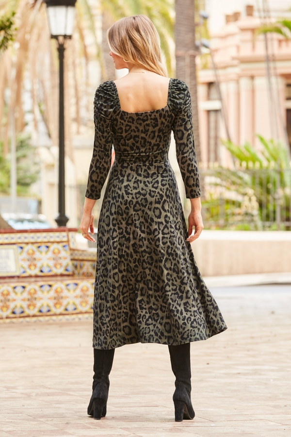 Khaki Green Animal Print Square Neck Midi Jersey Dress