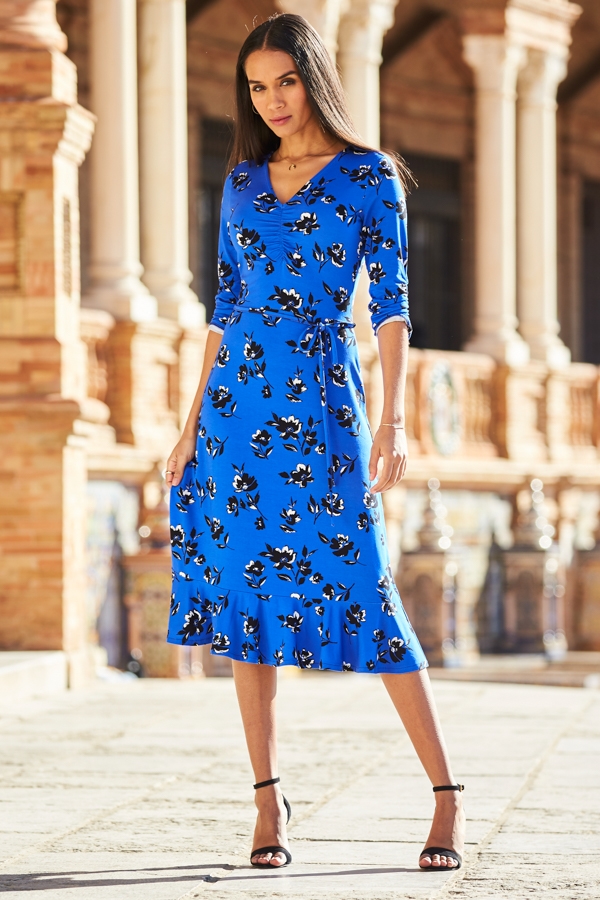 Cobalt Blue Floral Print Ruffle Hem Midi Jersey Dress