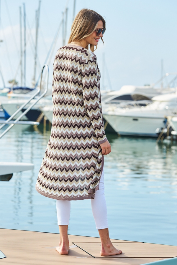 Neutral Metallic Chevron Print Longline Cardigan