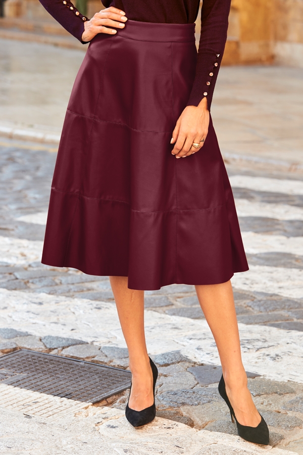 Burgundy Leather Look Panelled A-Line Midi Skirt