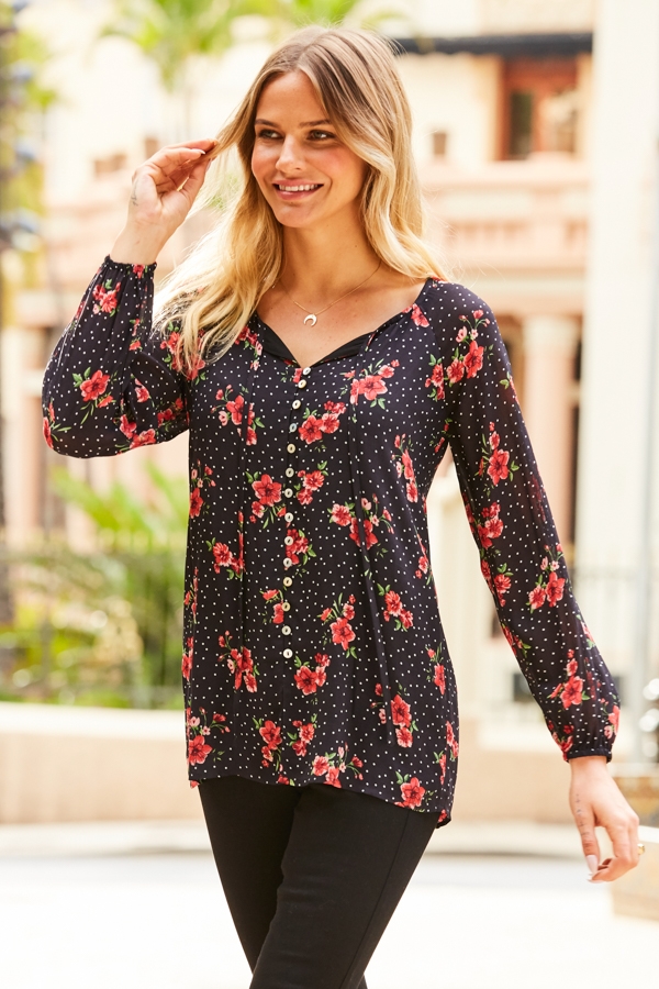 Black Floral & Spot Print Button Front Blouse