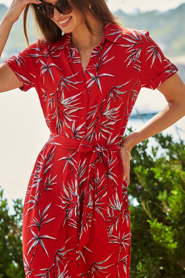 Red Floral Print Belted Shirt Dress