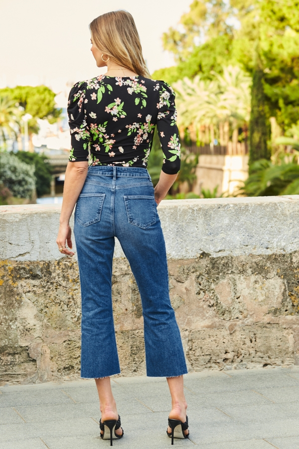 Mid Blue Cropped Kick Flare Jeans