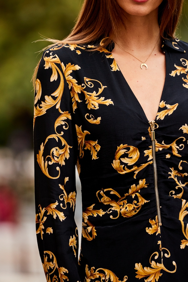 Black & Gold Baroque Print Zip Front Dress