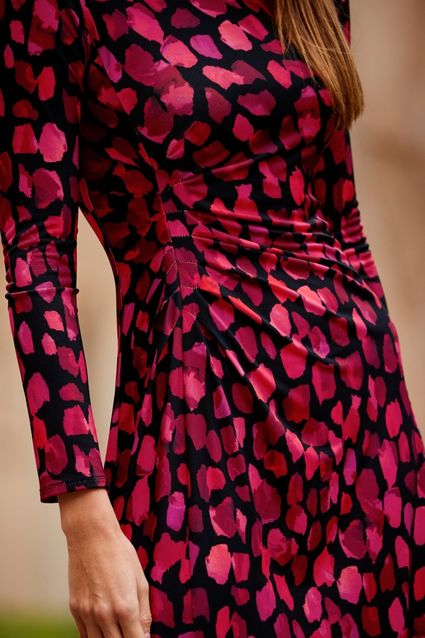 Red & Black Morocco Print Ruched Front Midi Jersey Dress