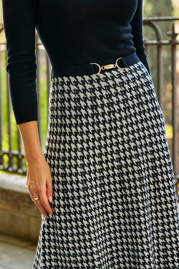 Black & White Houndstooth Print Two Part Knitted Midi Dress With Belt