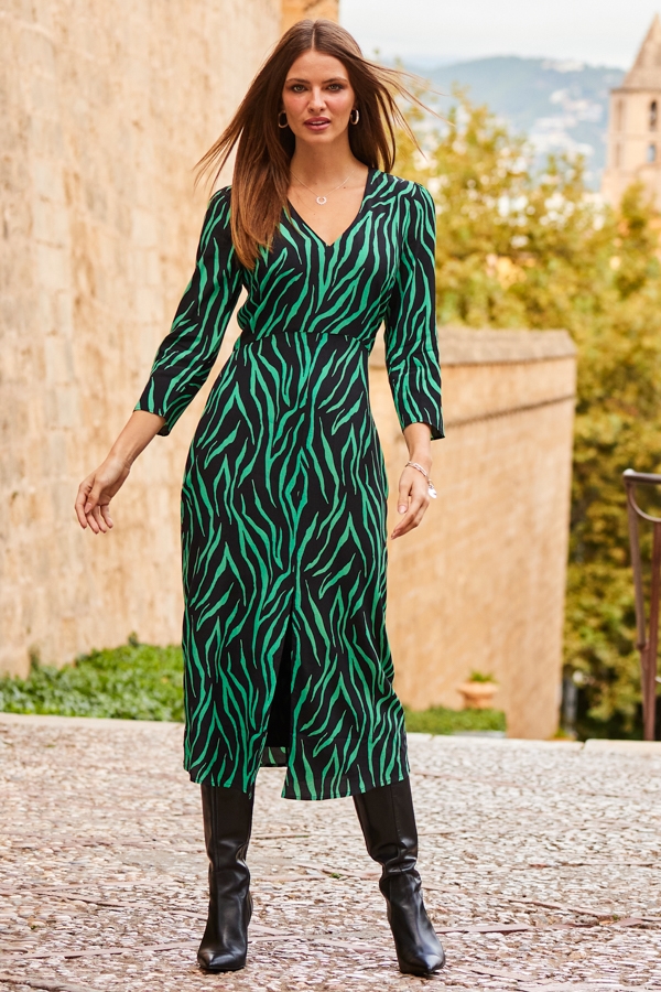 Black & Green Animal Print Midi Dress
