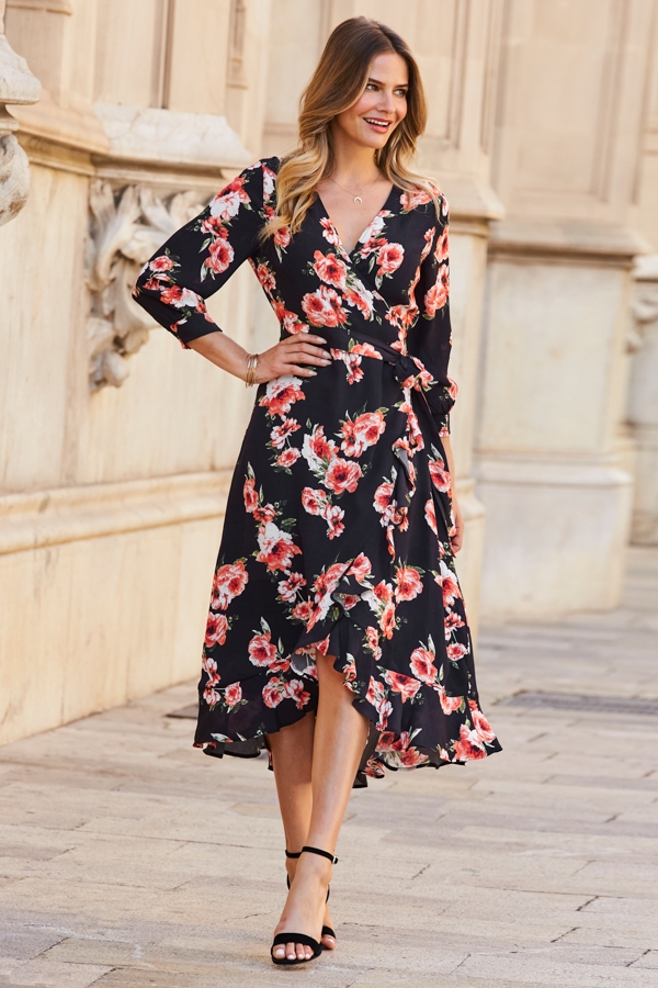 Black Floral Print Ruffle Hem Midi Wrap Dress