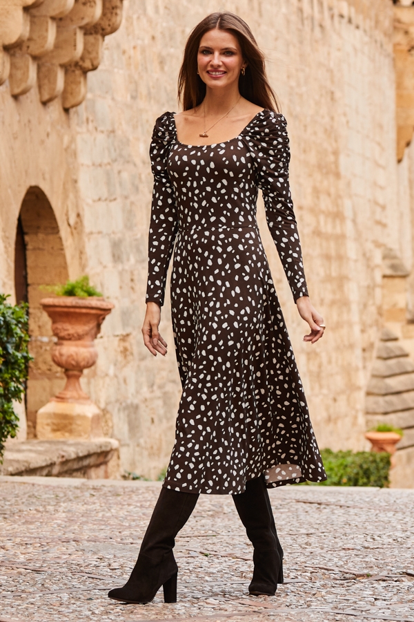 Chocolate Brown Fleck Print Square Neck Midi Jersey Dress
