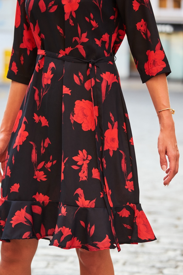 Black & Red Floral Print Tie Waist Ruffle Hem Dress
