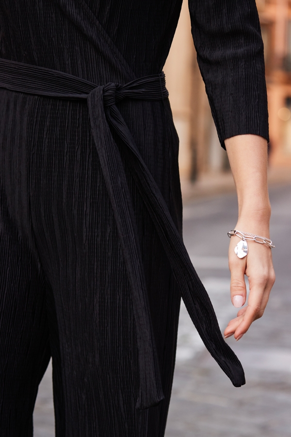 Black Plisse Wrap Front Jumpsuit