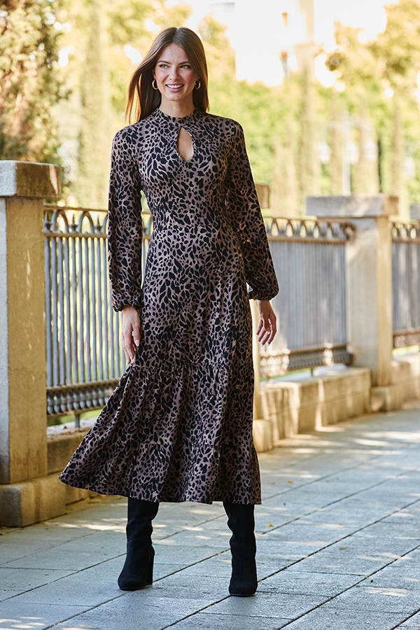 Brown & Black Fleck Print Keyhole Detail Midi Jersey Dress