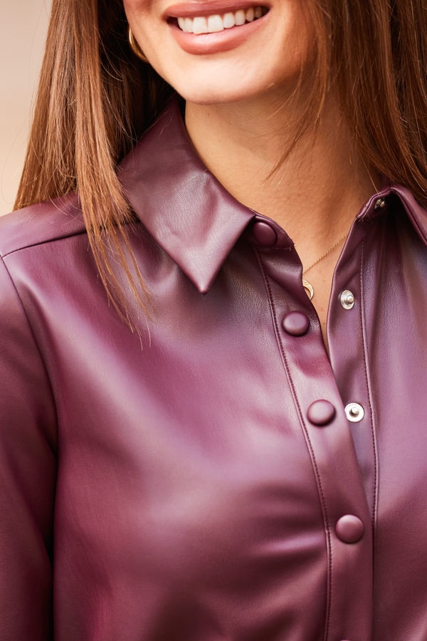 Burgundy Shirred Waist Popper Front Shirt Dress